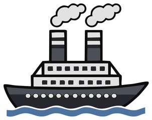 Classic ocean liner steamship with smoking funnels sailing on blue waves illustration