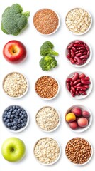 Naklejka premium Educational Flat Lay Infographic of Fiber-Rich Foods with Broccoli, Apples, Beans, and Oats