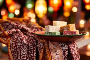 kuih. Traditional batik scarf with intricate patterns draped over colorful kuih desserts, celebrating Malaysia Day. event programs.
