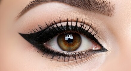 Obraz premium Close-up of a beautifully made-up eye showcasing dramatic eyeliner and long lashes, reflecting light