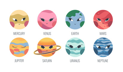 Cartoon Solar system planets in boho style. Hand drawn planets, Sun and Moon isolated on white background. Vector illustration