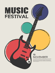 Music festival poster design with electric guitar silhouette decorated with colored round shapes. Vector illustration
