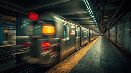 Subway train speeding through underground platform with motion blur and warm moody lighting, strong perspective urban noir