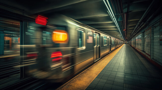 Subway train speeding through underground platform with motion blur and warm moody lighting, strong perspective urban noir