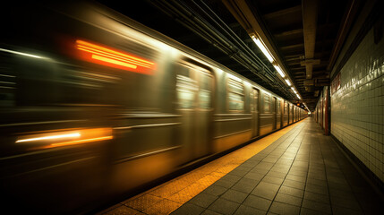Fototapeta premium Subway train speeding through underground platform with motion blur and warm moody lighting, strong perspective urban noir