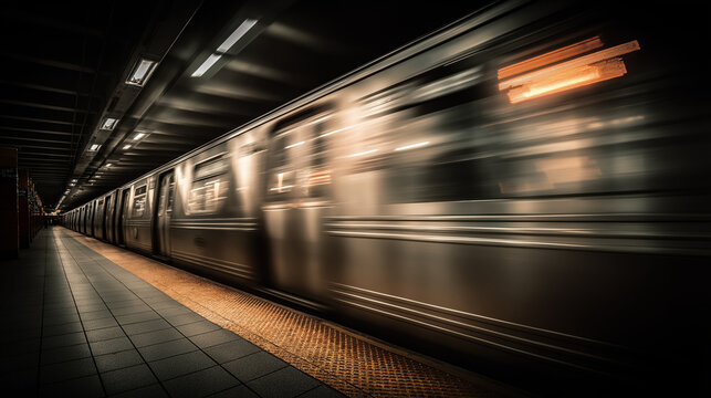 Subway train speeding through underground platform with motion blur and warm moody lighting, strong perspective urban noir - Powered by Adobe