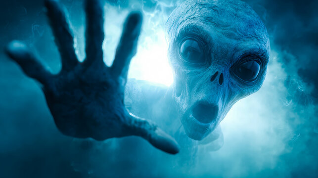 Mysterious Alien Reaching out in a Smoky, Surreal Atmosphere During a Nighttime Encounter