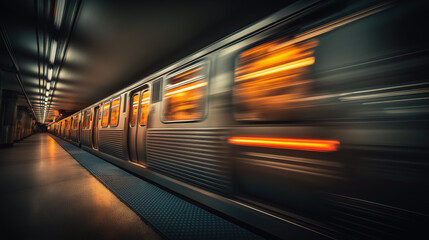 Subway train speeding through underground platform with motion blur and warm moody lighting, strong perspective urban noir