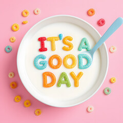 "Colorful Breakfast Cereal Bowl with Positive Motivational Message It’s a Good Day, Creative Food Typography with Multicolored Loops, Fun Morning Concept for Happiness, Wellness and Inspiration"
