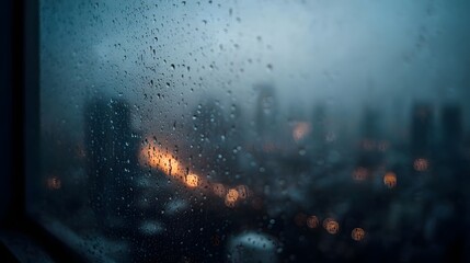 Raindrops on a window pane create a blurred atmospheric view of a city skyline at night evoking a sense of melancholy and contemplation