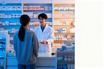 Obraz premium Pharmacist assisting customer at pharmacy counter with shelves of medications in background