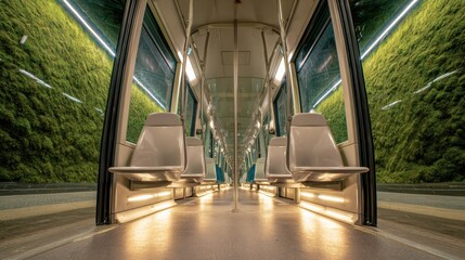 Futuristic tram interior featuring floating seats and a calming moss wall for an innovative urban transit experience