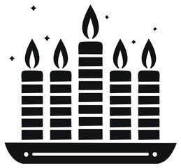 Black silhouette of five glowing candles on a decorative stand with sparkles festive mood