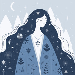 A stylized woman with snowflakes motifs and star pendant. Frosty Robe. The concept of winter comes. Snowy landscape. Enchanted winter spirit. Celestial element. Winter magic vector Illustration