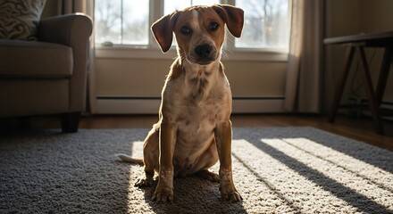 Alert dog sitting indoors facing camera in soft natural sunlight