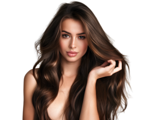 a beautiful woman with long hair posing for the camera, isolated on a transparent background.