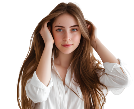 beautiful young woman with long hair posing for the camera, isolated on a transparent background.