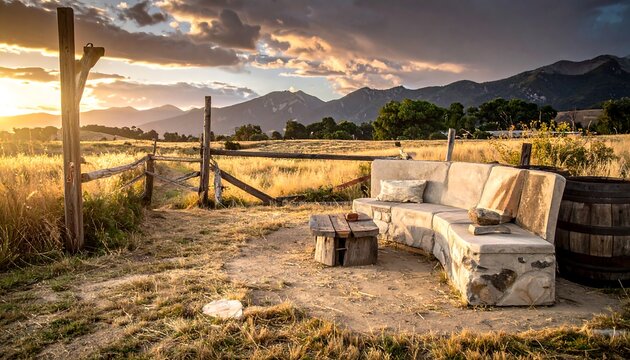 Serene sunset over an outdoor seating area with a rustic bench, table, and barrel near a wooden fence and mountain range
