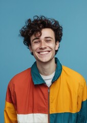 Happy young man with curly hair smiles broadly at the camera