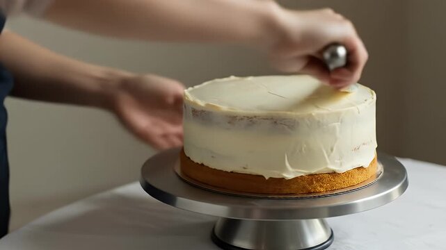 Confectioner carefully applies cream frosting to a layer cake on a silver rotating cake stand, using a spatula and soft hand gestures, preparing a treat.