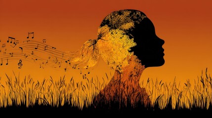 A silhouette of a girl with flowing musical notes and trees merging into an orange sunset, symbolizing creativity and nature.