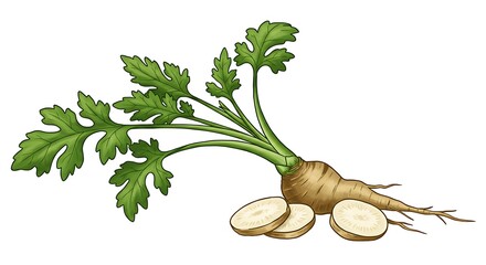 Illustration of fresh parsley root with green leaves and sliced pieces