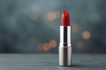 Vibrant red lipstick stands elegantly against a blurred, bokeh-filled backdrop