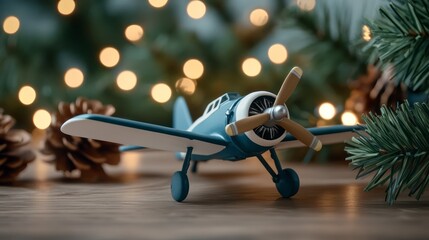 Vintage airplane toy decoration surrounded by pinecones and Christmas lights, holiday spirit