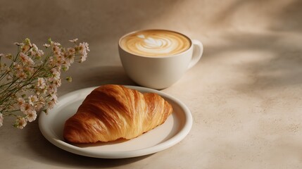 Breakfast scene with croissant, coffee, and flowers