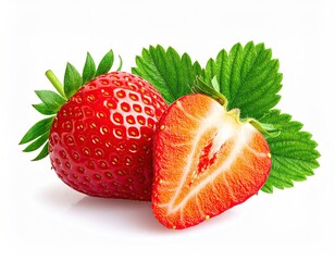 Ripe Red Strawberries with Green Leaves on White Background