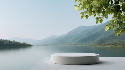 Serene lake landscape with a podium for product display