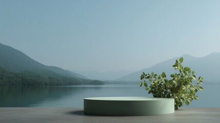 Serene lake landscape with a podium for product display