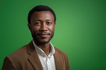Portrait of a smiling man in a brown blazer against a vibrant green background