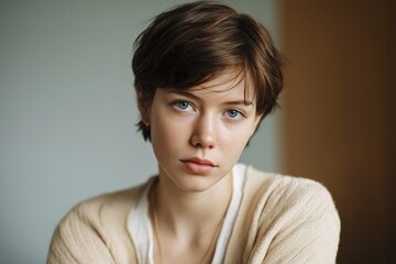 Portrait of a young woman with short dark hair looking at the camera