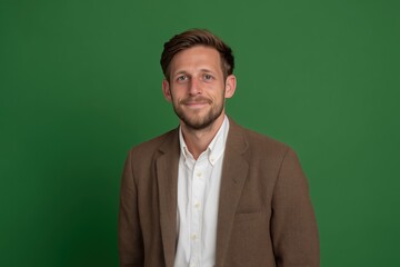 Portrait of a smiling man in a brown blazer against a vibrant green background