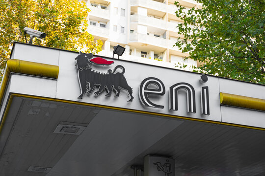 Logo of Eni energy company on fuel station in Sempione district of Milan