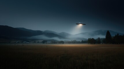 UFO Hovering Over a Rural Landscape at Dusk