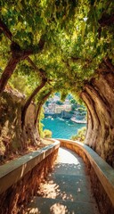 A picturesque pathway, shaded by lush greenery, winds downward to a tranquil harbor view.