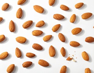 Roasted Almonds Scattered on White Background