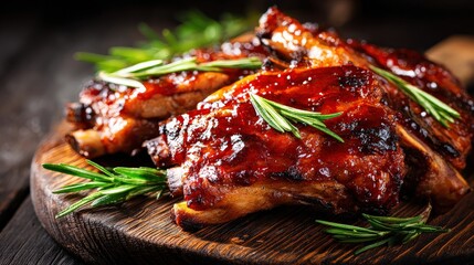Juicy grilled ribs garnished with fresh rosemary on a rustic wooden board, showcasing a deliciously savory dish, perfect for meat lovers.
