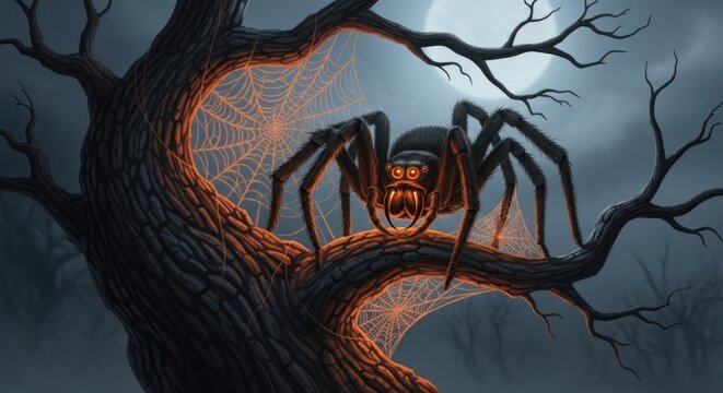 Large spider with glowing eyes perched on a branch under a full moon at night