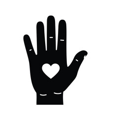 Open black hand silhouette with white heart inside palm symbolizing love and care