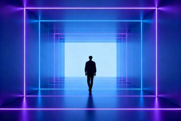 Silhouette of a person walking through a futuristic neon-lit tunnel with glowing blue and purple lights
