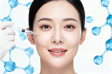A medical professional administers a facial injection to a woman, with molecular structures in the background.