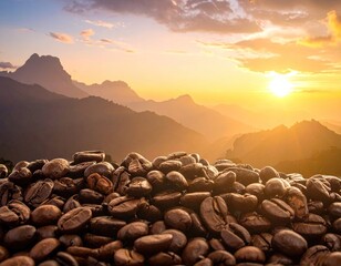 Roasted Coffee Beans at Sunrise in Mountain Landscape