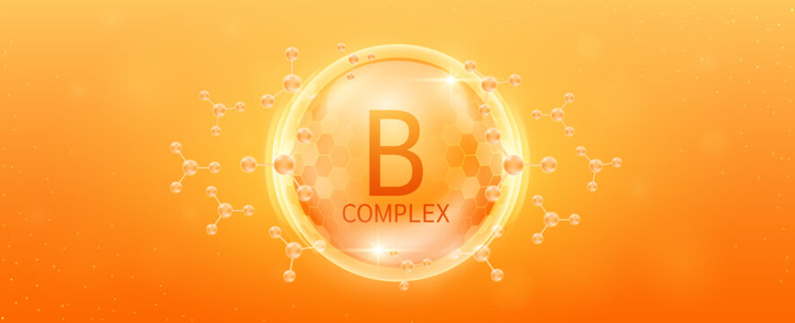 Vitamin B complex solution in transparent hexagonal dome with surrounding molecules atom orange. Banner for cosmetic products ads or supplement. Medical health care skin protection. Vector EPS10.