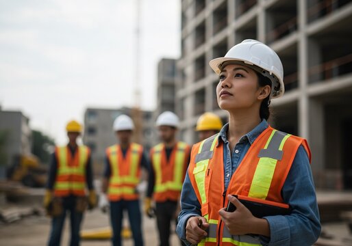 Confident female engineer leads diverse construction team, surveying project progress with determination and vision for future success.