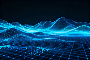 Abstract digital wave pattern with glowing blue grid and flowing lines on a dark background