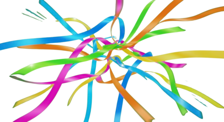 Vibrant colorful ribbons swirling dynamically creating a festive celebratory abstract explosion of joy and excitement perfect for parties and events