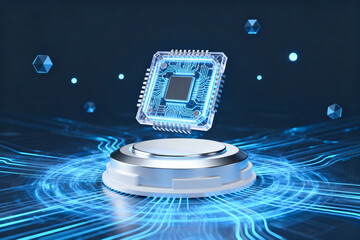 Floating microchip on a futuristic pedestal with glowing circuit patterns and blue energy waves
